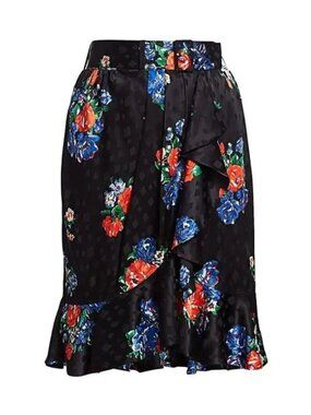 Tory Burch Black Floral Silk Jacquard Wrap Skirt with Belt and Flounce Sz 8